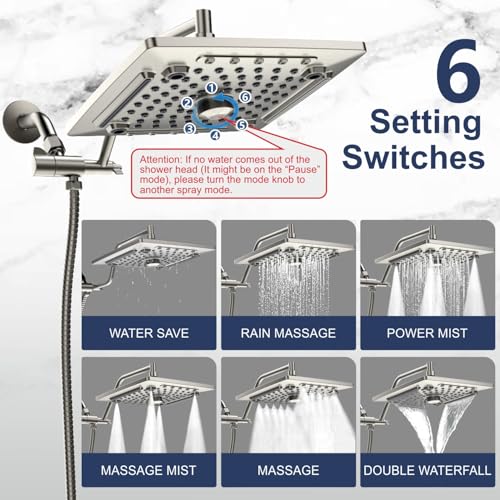Image of ELLO&ALLO Rain Shower Head with Handheld Spray, Rainfall Shower Head Combo with 60 inch Hose, Dual Showerhead Set with Adjustable Shower Extension Arm, Brushed Nickel
