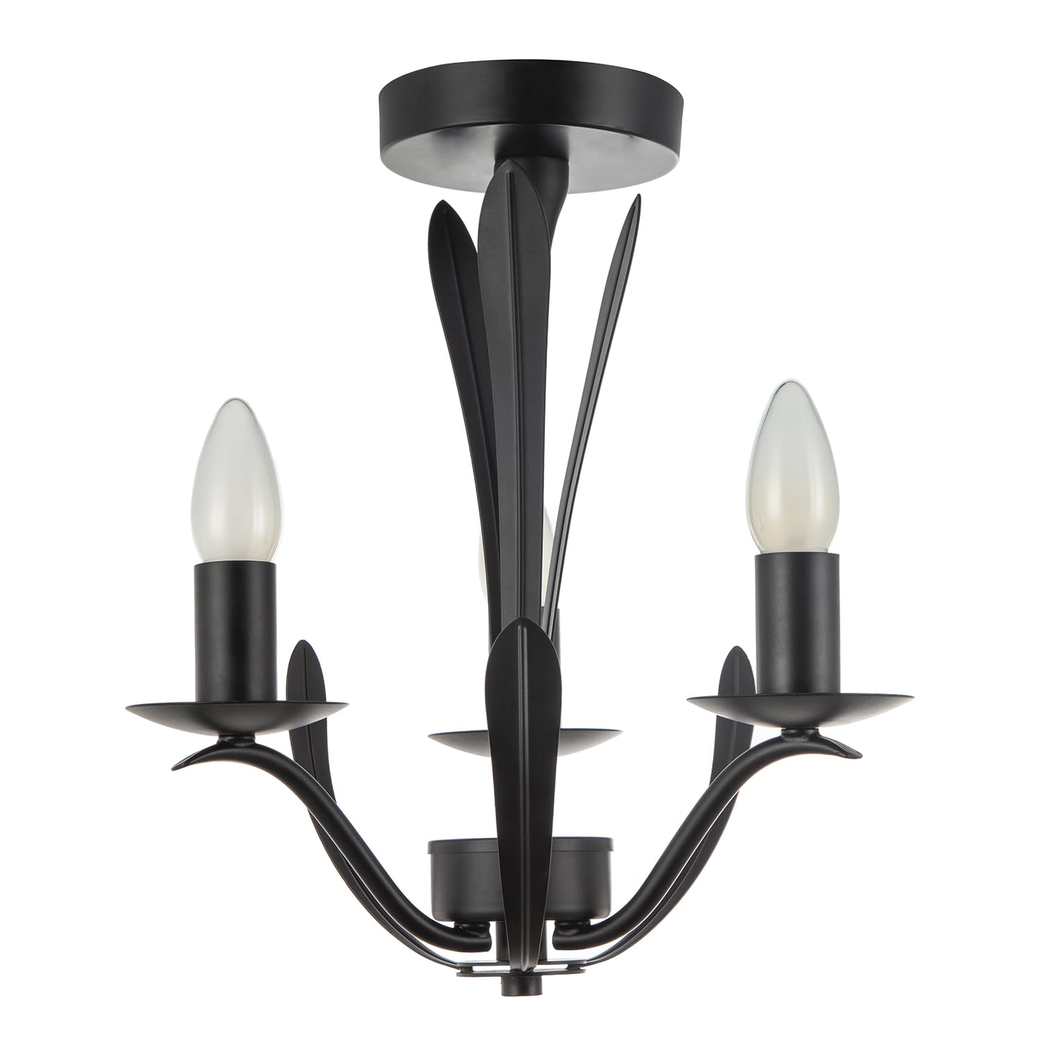 Happy Homewares Traditional Classic 3-Arm Ceiling Light Fitting in Matte Black with Long Metal Leaves | 35cm x 32cm | for Dining Room Lounge etc