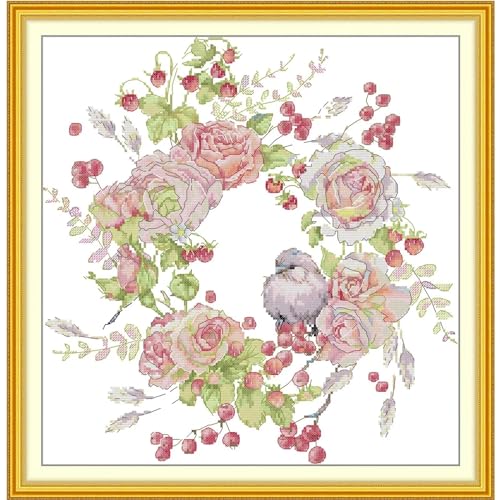 Image of ITSTITCH Stamped Cross Stitch Kits - Full Set of Embroidery for Beginners or Adults,14 CT 2 Strands DIY Birdie Rose Wreath Patterns Counted Arts Craft 15.3x15.7 inch