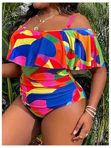 WDIRARA Women's Plus Size One Piece Swimsuit Color Block Ruffle Cold Shoulder Swimwear3