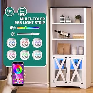 YITAHOME Farmhouse Storage Cabinet with Acrylic Doors Led Light 5 Tier Bookshelf and Bookcase Pantry Cabinet for Living Room Kitchen Dining Room White