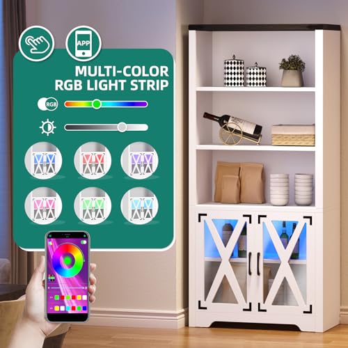 YITAHOME-Farmhouse-Storage-Cabinet-with-Acrylic-Doors-Led-Light-5-Tier-Bookshelf-and-Bookcase-Pantry-Cabinet-for-Living-Room-Kitchen-Dining-Room-White YITAHOME Farmhouse Storage Cabinet with Acrylic Doors Led Light 5 Tier Bookshelf and Bookcase Pantry Cabinet for Living Room Kitchen Dining Room White