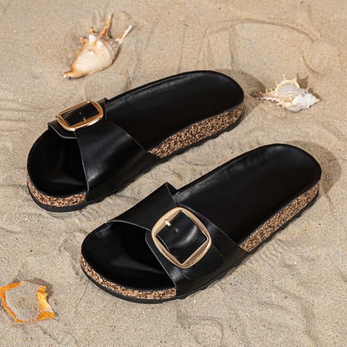 Women's Black Slide Sandals with Buckle Comfortable Casual Summer Slippers Flat Soft Sole Shoes for Women3
