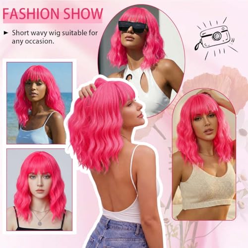 Image of Pastel Hot Pink Wavy Bob Wig for Women, Short Shoulder Length Synthetic Wig with Bangs, Matte Natural Realistic Look Lightweight Hairpiece, Hot Pink Color for Gift & Cosplay Costume