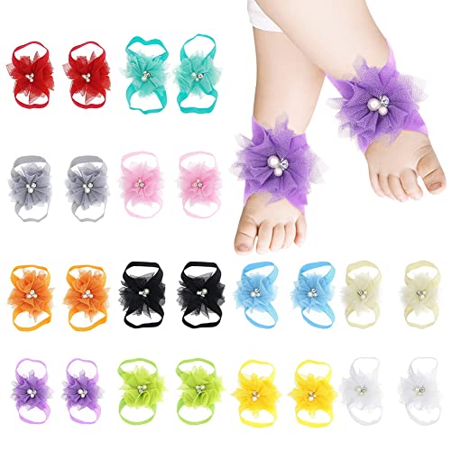 Baby Girl's Barefoot Sandals Bow, 12 Pairs Elastic Ribbon Strap String Soleless Footless Shoes, Bows Feet Wraps Accessories for Baby Girls Newborns Infants Toddlers Kids