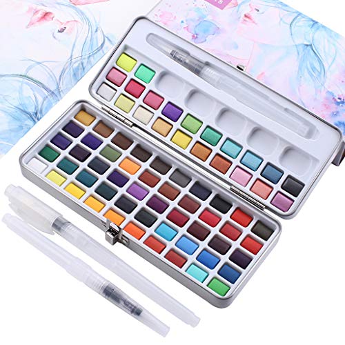 angwang Conjunto de tinta aquarela sólida com 72 cores, kit com 3 pincéis de pintura e estojo de metal portátil, para profissionais, iniciantes, estudantes, bloco de ferramentas de pintura de arte