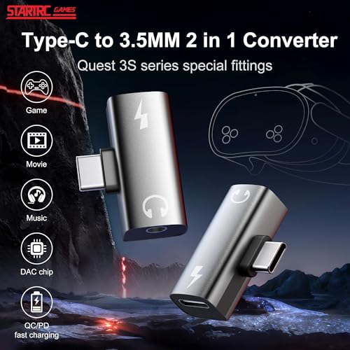 YipuVR USB C to 3.5MM Headphone and Charger Adapter for Meta Quest 3S Accessories, USB C Headphone Adapter with Charging, 2 in 1 Type-C to 3.5mm Audio Hi-Res with PD Fast Charge (Black)