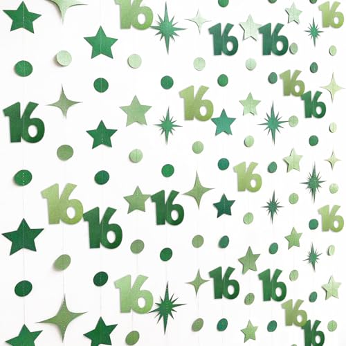Image of Green 16th Birthday Decorations Number 16 Circle Dot Star Garland Glitter Streamer Banner Backdrop for Girls Boys Sweet Sixteen Cheers to 16 Years Old Birthday 16th Anniversary Party Supplies