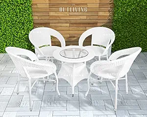 OUTLIVING Garden Patio Seating Chair and Table Set with Glass Balcony Outdoor Furniture with 1 Tables and 4 Chair Set (White)