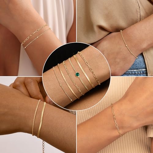Birthstone Gold Bracelets for Women Waterproof, 14K Gold Plated Jewelry Sets Dainty Stackable Bracelet Blue Green Emerald Friendship Link Paperclip Chain Bracele Fashion Jewelry Accessories Birthday Gifts for Womens3