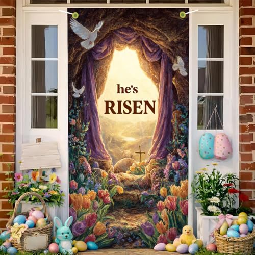 Image of Easter Door Cover 35.43 x 70.87 Inch Sunlit Floral Cave Entrance with Spring Landscape Draped Fabric Tulips and Doves Ideal for Seasonal Home Decoration and Easter Themed Door Display