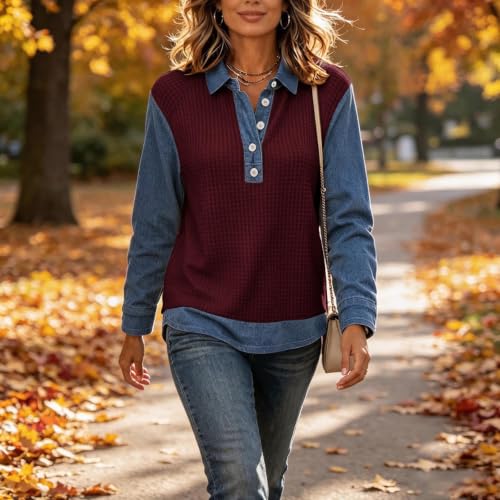 Waffle Tops for Women Jean Patchwork Collared Button Comfy Shirts - image 4