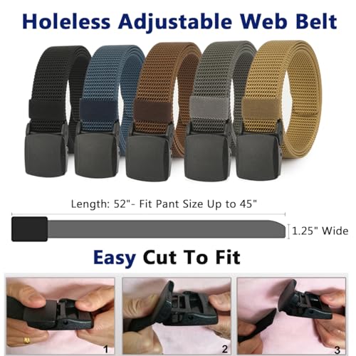 WYuZe 5 Pack 1.25" Military Nylon Belts for Men, Metal-free Lightweight Adjustable Web Duty Belt for Work Casusal TSA Safe4