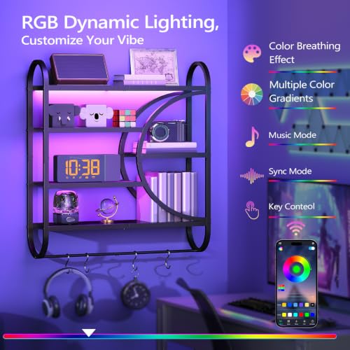 Image of HOOBRO Gaming Floating Shelves with LED Lights, 28.9 inch LED Wall Mounted Shelf, 5-Tier Display Rack for Wall Storage, Floating Rack with Hanging Rod and 4 S-Hooks, for Game Room, Black BB50DBJ01