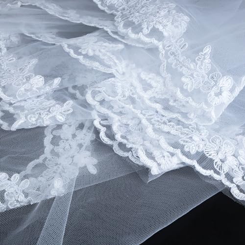 Needzo White Tulle First Communion Veil for Girls, 32 Inches (Lace Cascading)3