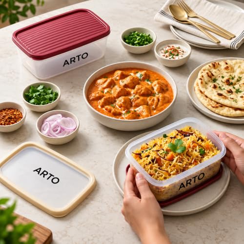 Image of Arto Food Storage Containers Set of 3, 1100ml Airtight & Leak Proof Transparent Fridge Organizer with Coloured Lids - Stackable, Food Grade Plastic for Kitchen, Pantry, Cereals & Vegetables