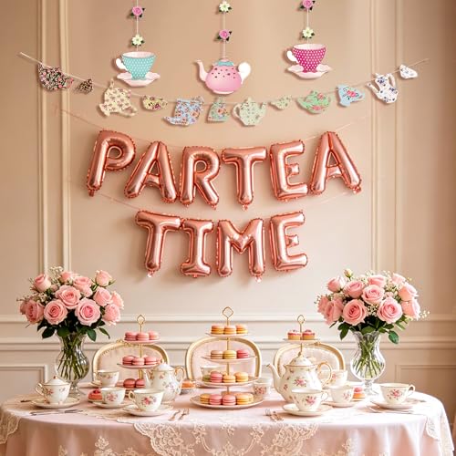 LaVenty 5PCS Tea Time Birthday Banner & Decor for LET'S PAR TEA Parties & Showers