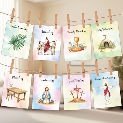 Bible Holy Week Story Cards, Themed Banner Clips Set, Christian Easter Celebration Decorations for Sunday School and Church Events