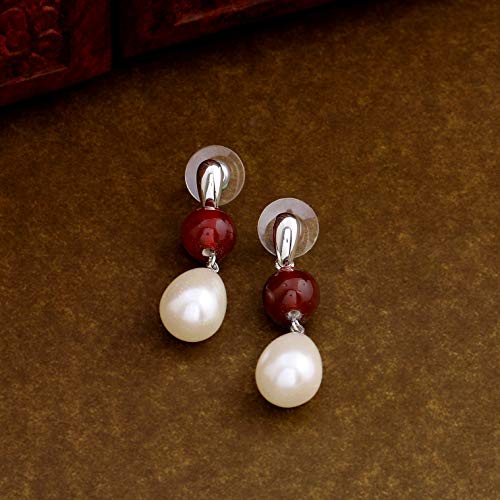 Rhodium Ruby Bead Pearl Drop Earrings