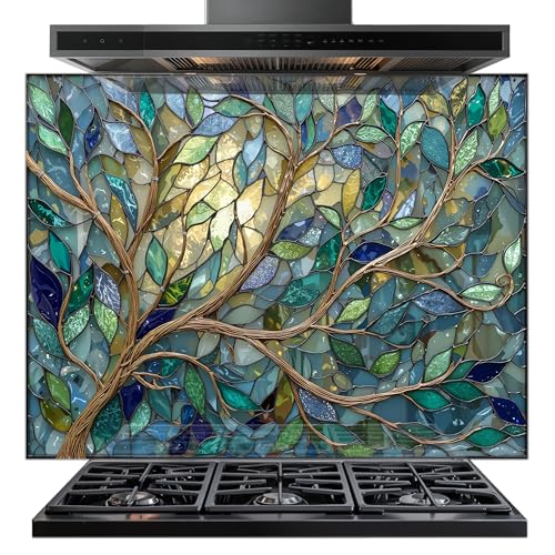 Tempered Glass Backsplash with Branch and Leaves Design