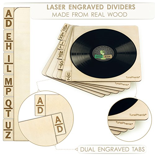 Tunephonik Two-Sided Laser Etched Wooden Record Dividers Vinyl Lps | Alphabetical Record Holder Organizer | Vinyl Cataloged Alphabetically | Includes 6 Dividers - 7” 45'S-12” Lp #TOP2