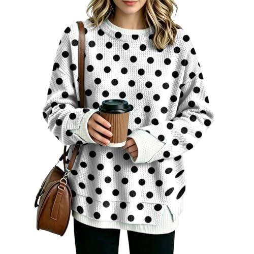 Waffle Knit Oversized Sweatshirt for Women Crew Neck Polka Dot Layered Tops - image 2