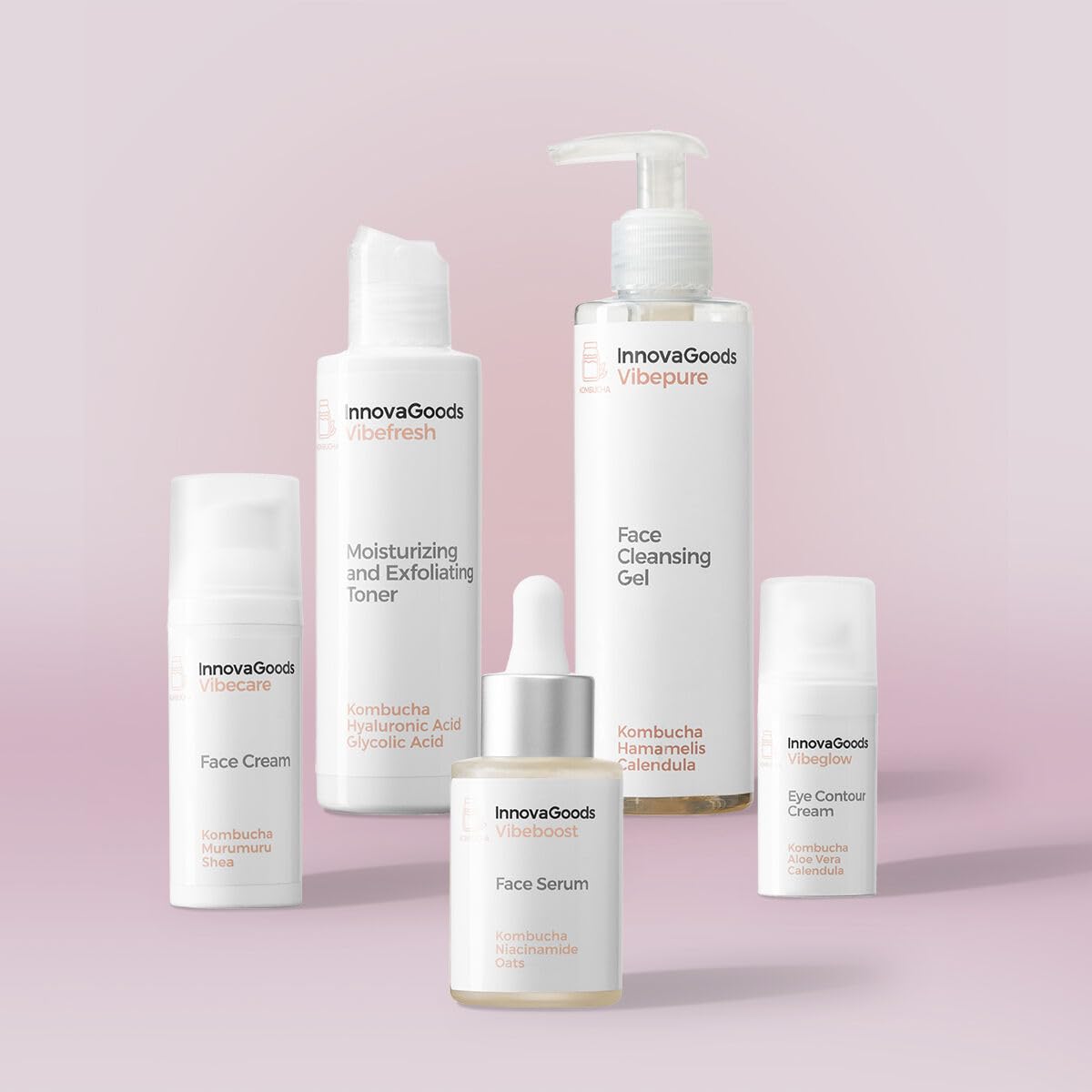 InnovaGoods® Set skincare, x1 crema hidratante facial, x1 contorno de ojos, x1 sérum facial, x1 limpiador facial, x1 tónico facial, ingredientes naturales kombucha, hidrata, ilumina. Todo tipo de piel