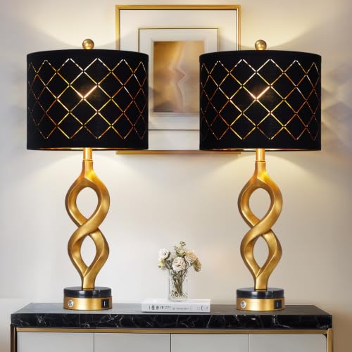 Rinweey Black and Gold Table Lamps Set of 2 for Living Room 30 Tall Touch Control Bedside Lamps for Bedroom Nightstand 3-Way Dimmable Modern Decorative Table Lamp with USB A+C Ports and 2 LED Bulbs