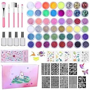 48 Color Glitter Tattoos Kit Kids, Temporary Glitter Tattoos with 209 Stencils, 5 Sheets Glow Temporary Tattoos Stickers, Glitter Art Makeup Kit, Festival Birthday Party Gifts for Girls & Boys