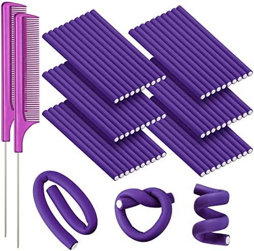 WILLBOND 60 Pieces Flexible Foam Curling Rods Twist Foam Hair Rollers No Heat Hair Rods Rollers and Stainless Steel Rat Tail Flexible Rods for Long Hair Short Hair Women Girls (Purple, 0.3 x 7 Inch)