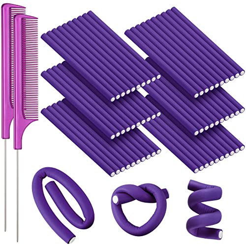 Willbond 60 Pieces Flexible Foam Curling Rods Twist Foam Hair Rollers No Heat Hair Rods Rollers And Stainless Steel Rat Tail Flexible Rods For Long Hair Short Hair Women Girls (Purple, 0.3 X 7 Inch) #TOP11
