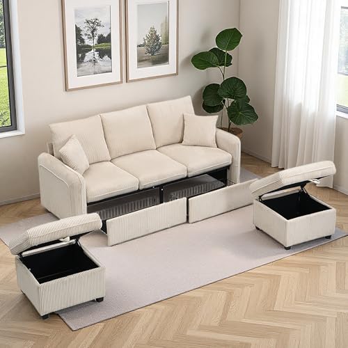 Seyakany - Sofá esquinero en forma de U multifuncional con cajones y taburete con compartimento de almacenamiento, sofá de 3 plazas con función de almacenamiento, sofá modular de pana (C-Beige)