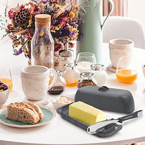 Butter Dish With Lid And Stainless Steel Knife, Light Butter Keeper, Tbsp Cutting Measuring Lines Dishes, Easy Scoop, No Mess Lids, Perfect For East West Coast Butter (Dark Grey, Bamboo And Pp) #TOP6