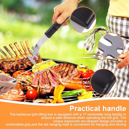 HSUYUN Heber für Grillrost Verbrühschutz, 2 Stück 27 cm Hitzebeständige Grillrostheber und 29 cm Gabeln, Langer Griff Grillrostheber Werkzeug, für Zuhause, Camping, Grillstände