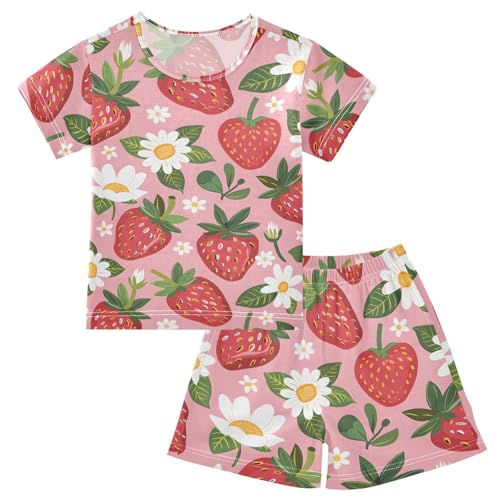 ALAZA Strawberry Floral Flower Pajamas Short Sleeve 2 Piece Sleepwear Top and Bottom Pajama Set Unisex
