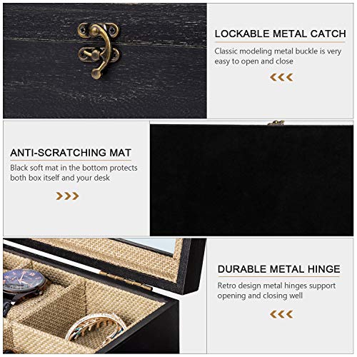 Sriwatana Watch Box Display Case, 8 Slot Watch Organizer Wood Box With Jewelry Drawer & Glass Lid, Weathered Black #TOP4