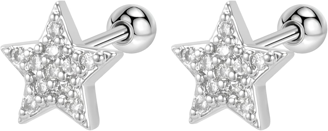 Stainless Steel Pentagram Stud Earring 1 Pair Screw Back Earrings Hypoallergenic Screwback Cartilage Jewellery for Sensitive Ears Women Ladies Tragus Helix Jewelry Aretes De Mujer Hombre