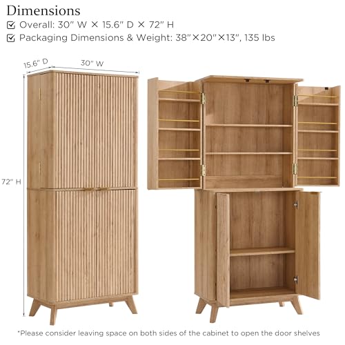 T4TREAM 72" Tall Fluted Wood Cabinet with Adjustable Shelves, Natural Oak