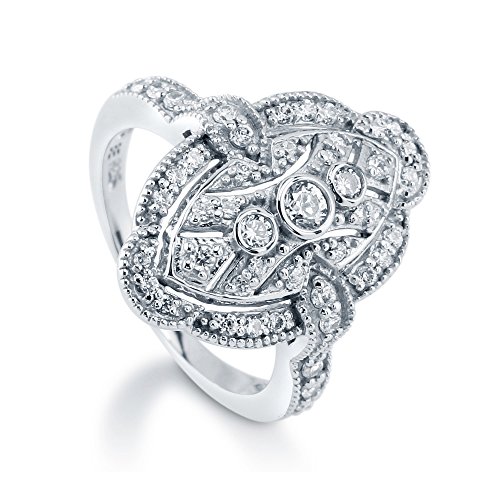 BERRICLE Sterling Silver Navette Art Deco Milgrain Statement Cocktail Ring for Women, Cubic Zirconia CZ