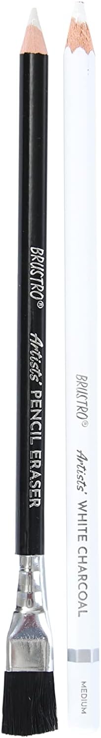 BRUSTRO Artists White Charcoal Pencil Set | 5mm, Set of 3 + 1 Pencil Eraser | Ideal for Students,Adults, School,Office use, Charcoal works, Sketching, Shading, Blending, Drawing, Art, Craft, Non-toxic