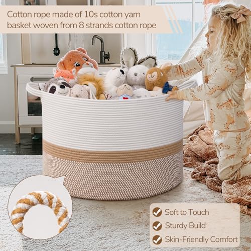Image of INDRESSME 115L Extra Large Cotton Rope Basket, Woven Baby laundry Blanket Basket for Home Decor Living Room Nursery, Toy Storage Baskets for Kids Boys Girls, White & Camel Mix