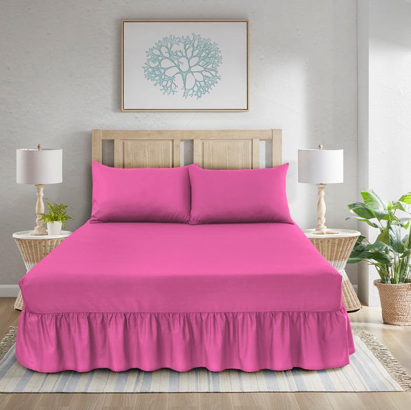WEAVERS: 3 Pcs Luxurious Plain Frilled Valance Deep Fitted Sheet, Includes Pillowcase Pair. (Size Single Colour Fushia Pink)