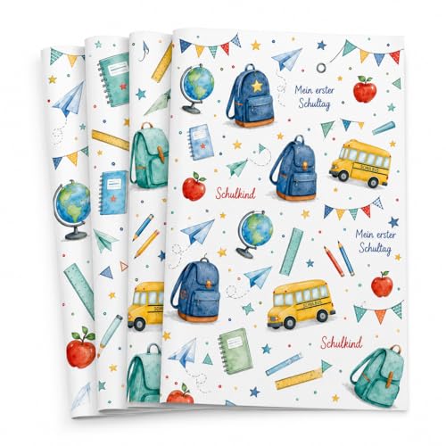 4 Blatt Geschenkpapier Einschulung 50x70cm Schulkind Schulanfang Geschenkverpackung Aquarell ABC 123 Wrapping Paper Schuleinführung Schulstart Party Papier Einschulungsgeschenk Verpackungsset