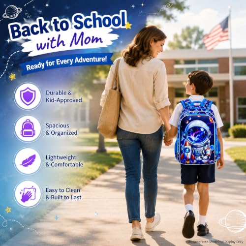 Image of AGSDON 3PCS Astronaut Backpack for Boys, 16 inch Little Kids Preschool Bookbag, Elementary Backpacks and Lunch Box - Blue
