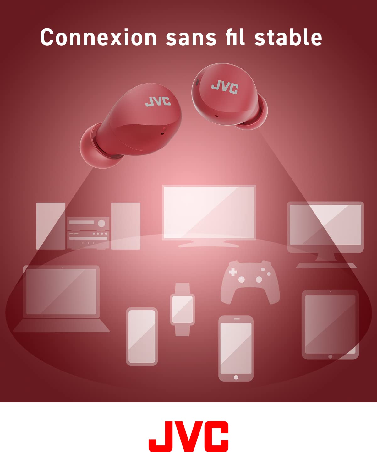JVC Mini casque sans fil Gumy - Casque Bluetooth (5.1) petit et léger, avec 3 modes audio, résistance à l'eau (IPX4) et batterie 23 heures. Écouteurs pour le sport et la maison - HA-Z66T-R