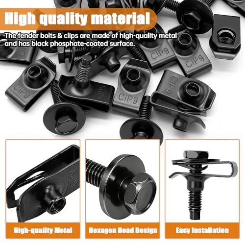 Image of mankk 50PCS M6-1.0 Fender Liner Screw and U-Nut Clips Kit,Body Fasteners,U-Nut Clips & Hex Head Bolts,Automotive Body Clips Fender Bolts for Fender, Engine Cover & Splash Shield
