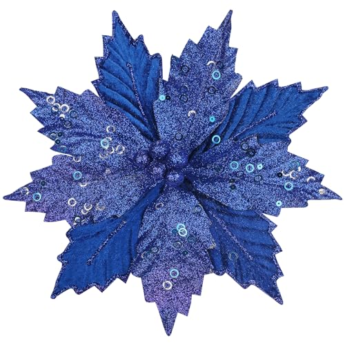 Briful 8PCS Poinsettias Artificial Christmas Flowers 9 Blue Velvet Christmas Floral Picks and Sprays Poinsettias Giltering Flowers with Clips for Xmas Tree Vase Arrangement Wreath Garland Decor