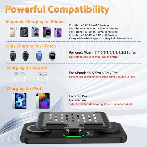 Image of 30W Charging Station for Apple Products, Foldable Wireless Charger with Clock Display&7 Color Light, Wired Charging for iPad /Tablet Charging Station for iPhone17, for Apple Watch11 for AirPods4(Black