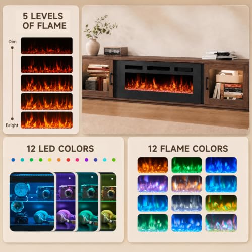 Image of 80 inch Floating TV Stand with Fireplace, High Gloss Finish Wall Mounted Fireplace Entertainment Center with Storage for TVs Up to 90 inch, Brown