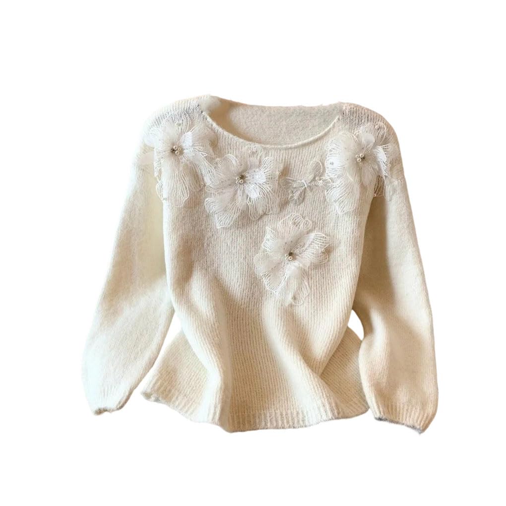 Womens Casual Loose-Fitting Knitted Sweater with Lace Floral Design